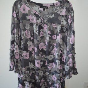 Lane Bryant Size 10/12 Grey Pink Floral Peasant Top W/ Bell Sleeves Boho…